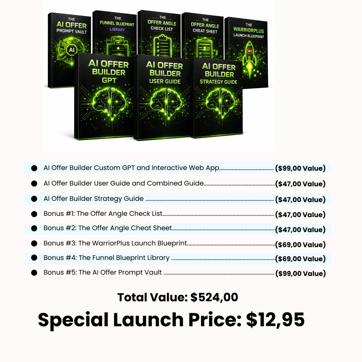 AI Offer Builder offer stack showing product bundle, bonuses and included items